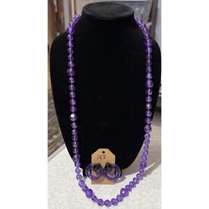 Vintage Avon Purple Dawn Clear Plastic Beaded Necklace 36" & Earring Set‎